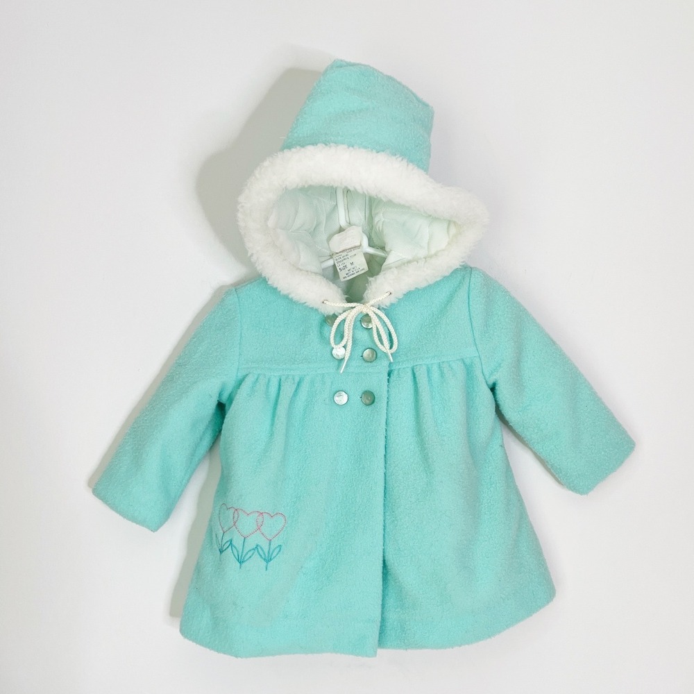 Vintage Sears Hooded Coat‎ Aqua Blue Heart Embroidery Baby 18mo 2T Fleece Cozy